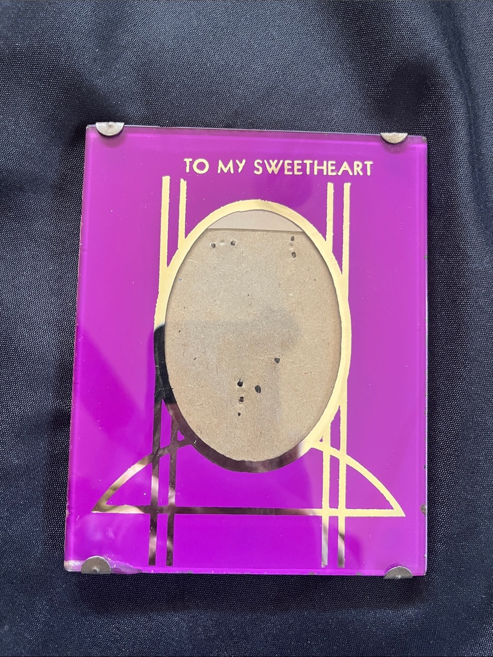 Vtg Art Deco Purple Silver Reverse Painted Glass Photo Frame ‘SWEETHEART’
